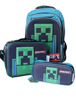 Combo escolar mochila, lonchera y estuche Minecraft Creeper aqua