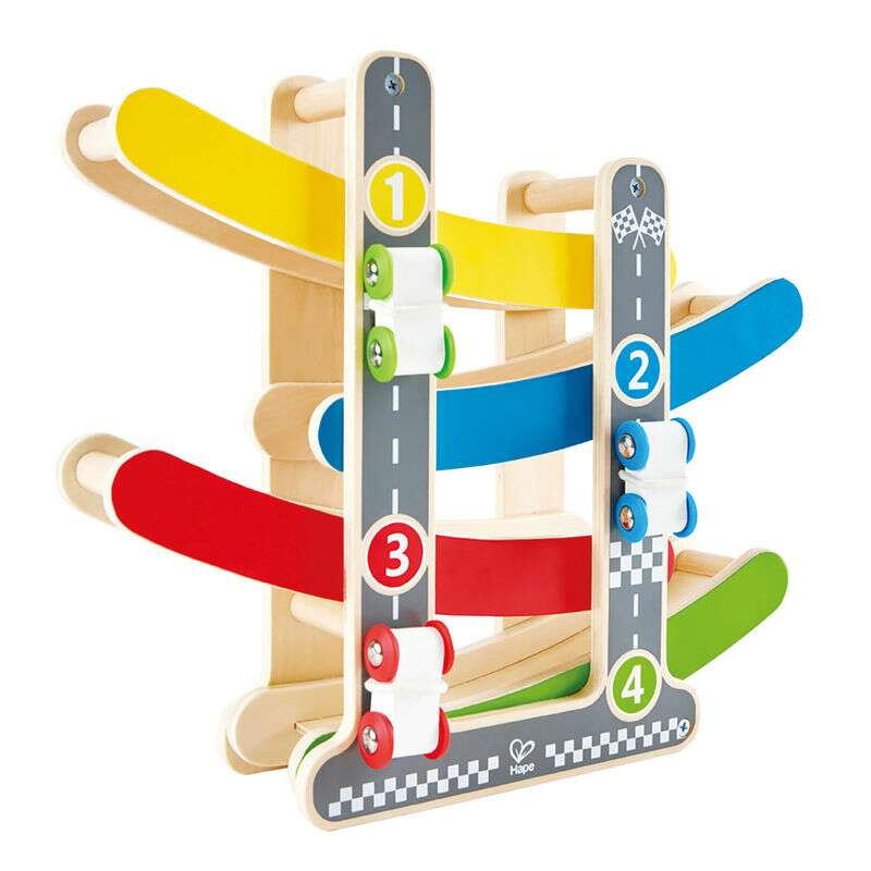 pista de carreras Hape compacta con carros de madera