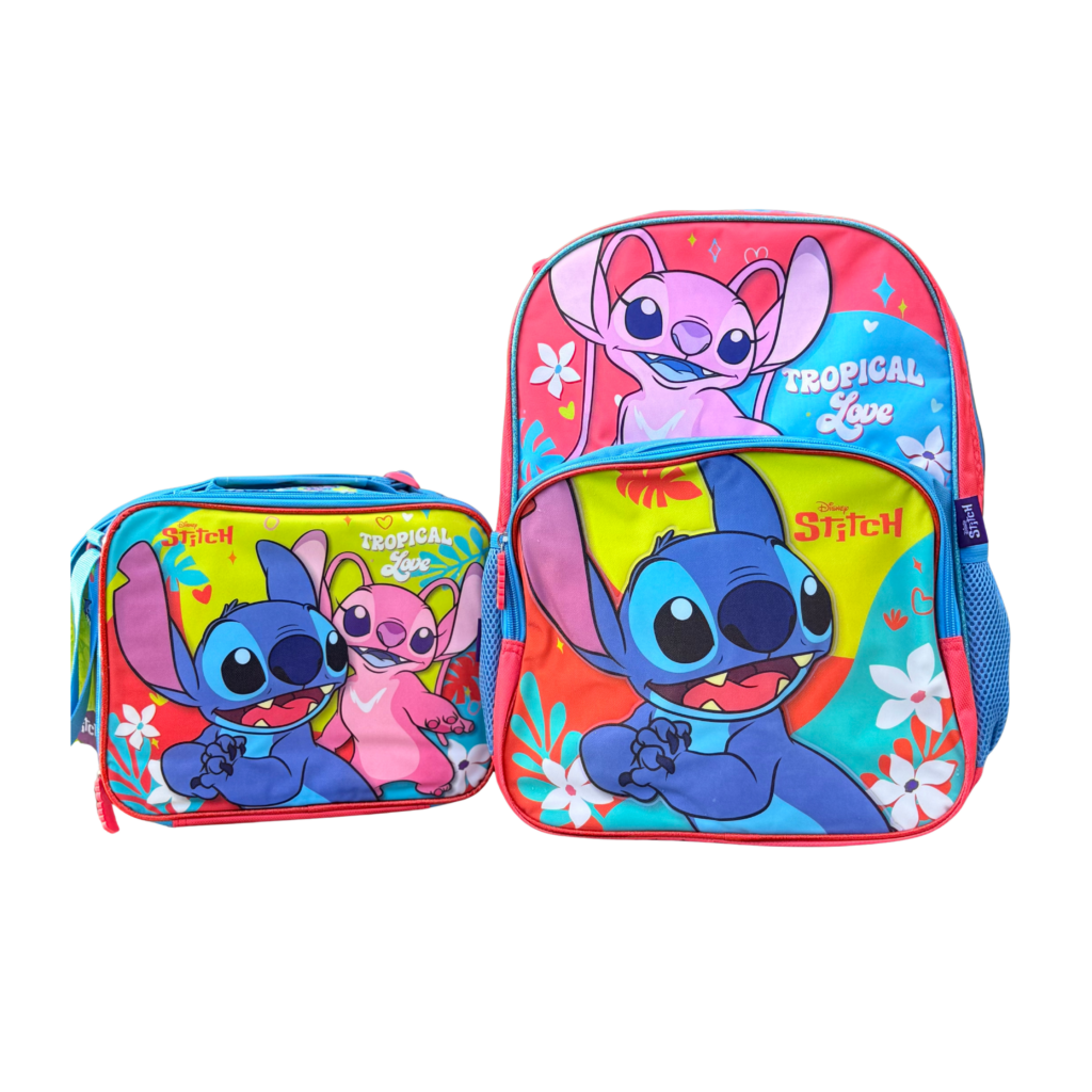 set de Stitch y Angel mochila y lonchera Tropical Love Disney