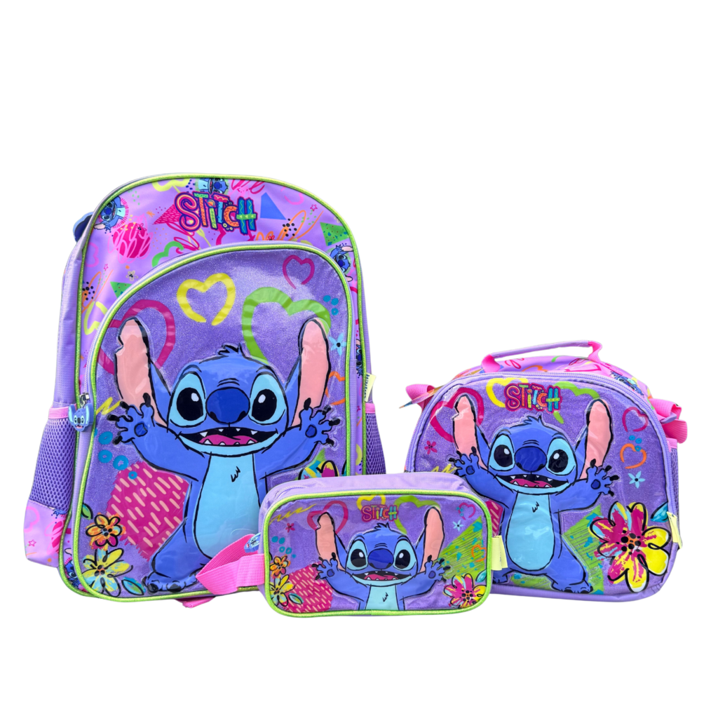 set escolar de Stitch lila mochila lonchera y portalápiz Disney