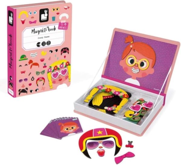 Libro Magneti'book Janod Crazy faces GIRL - Caras graciosas (libro magnético 55 piezas)