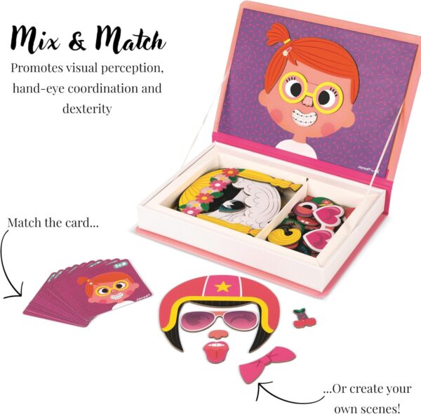 Libro Magneti'book Janod Crazy faces GIRL - Caras graciosas (libro magnético 55 piezas)