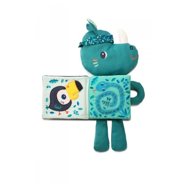 Libro sensorial y peluche de tela Marius el rino (brilla en la oscuridad), Lilliputiens