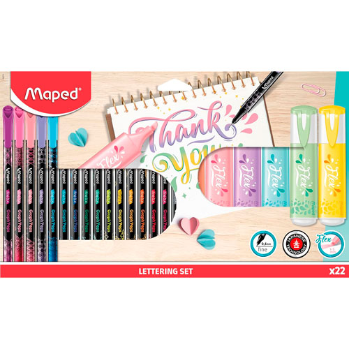 Kit de Lettering, marcadores y brush pens 22 piezas Maped