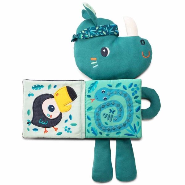 Libro sensorial y peluche de tela Marius el rino (brilla en la oscuridad), Lilliputiens